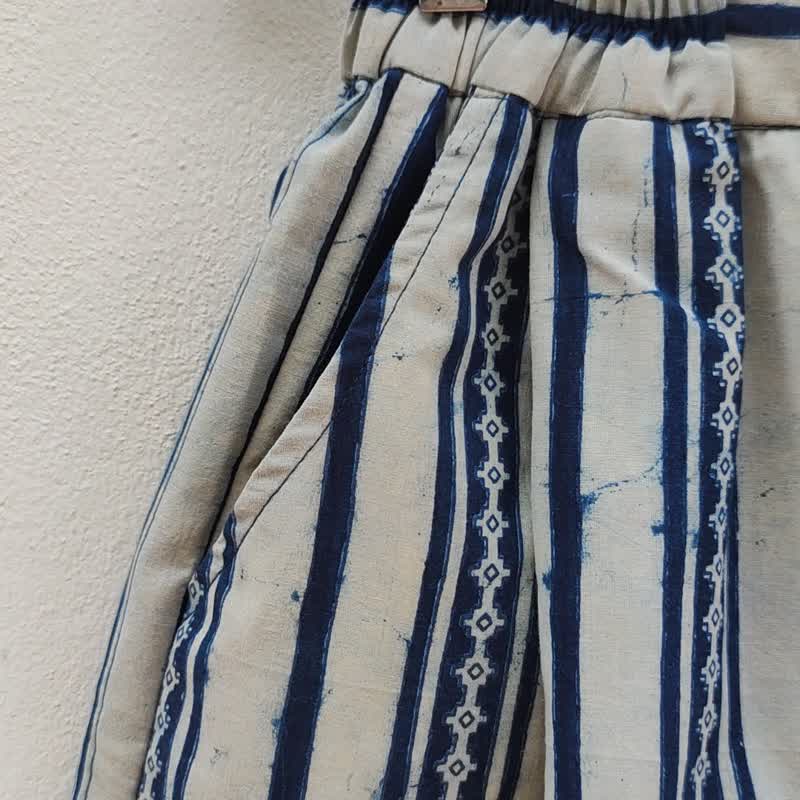 India - 印花独特条纹宽裤 - 男士长裤 - 棉．麻 蓝色