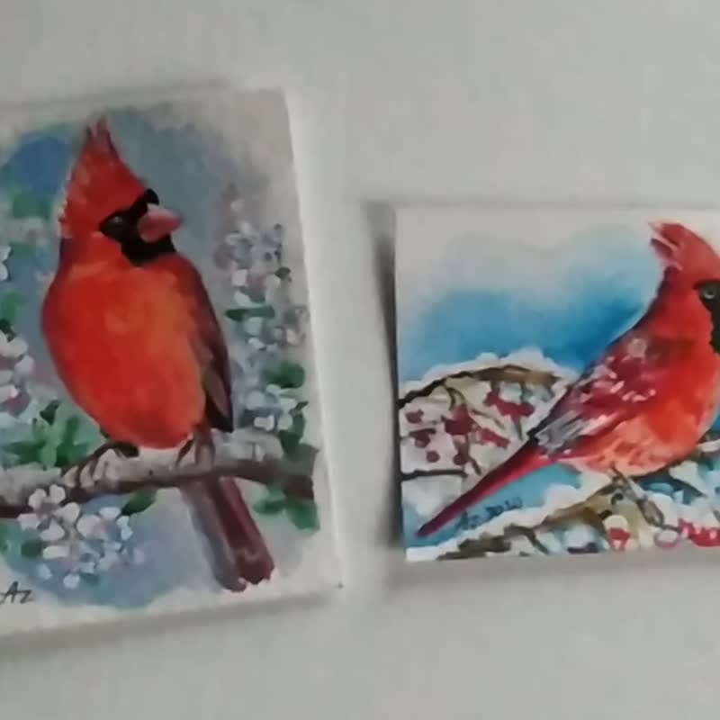 Cardinal Painting ACEO Bird Original Art Set Watercolor Small Art Card Animal - 海报/装饰画/版画 - 其他材质 红色