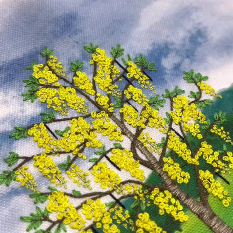 Ratchaphruek 树刺绣套装 (Ton Koon) 自然风景印花面料有视频教程 - 编织/刺绣/羊毛毡/裁缝 - 其他材质 黄色