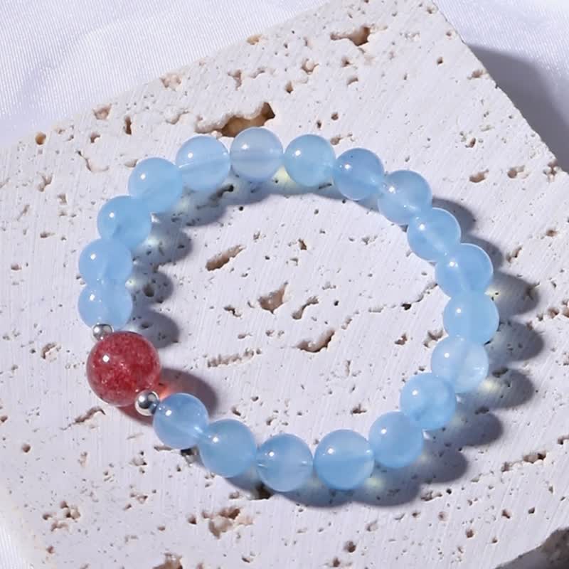 招财运 | 顶级草莓晶 | 天然海蓝宝 | 欢乐之石水晶手链 - 手链/手环 - 水晶 蓝色