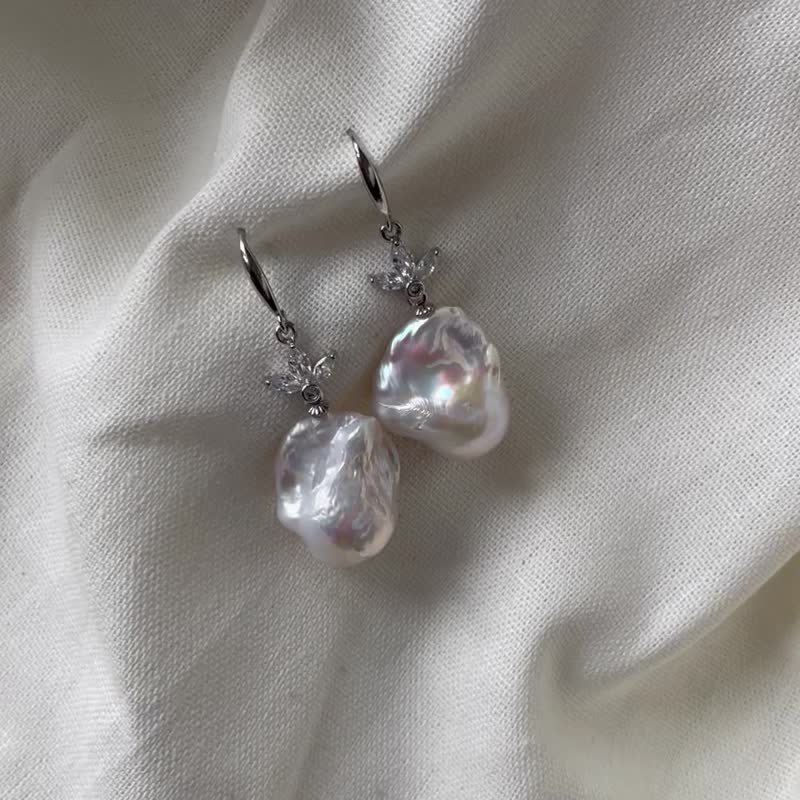 Baroque pearl silver earrings, big pearl earrings, baroque silver earrings, dang - 耳环/耳夹 - 珍珠 白色