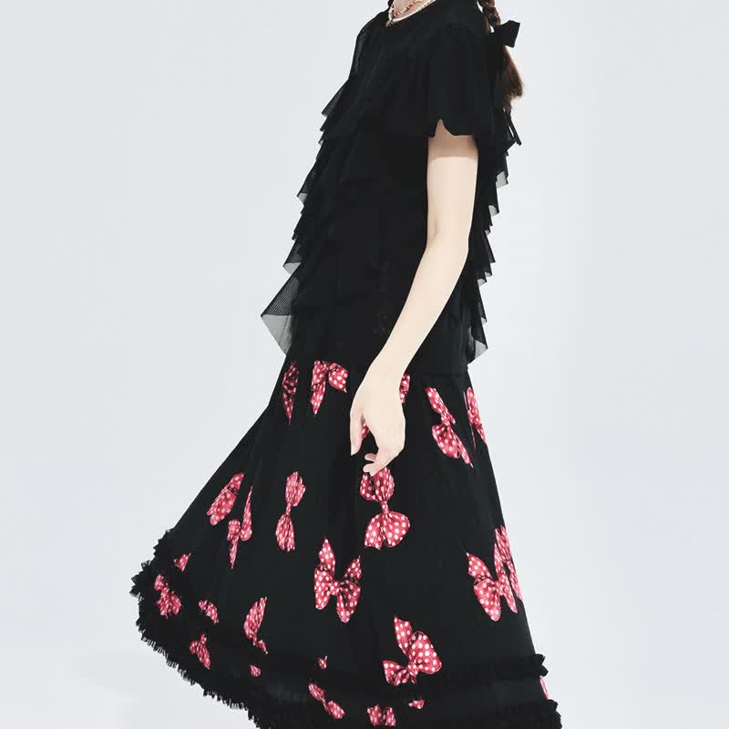 粉红蝴蝶结黑色压皱半身裙 / 裙子 - 裙子 - 其他材质 黑色