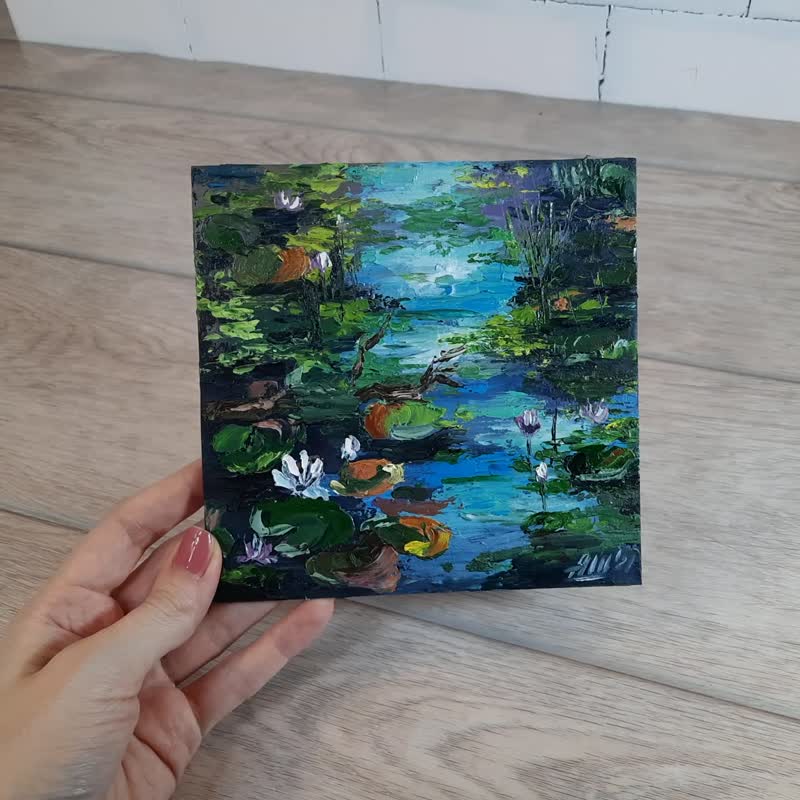Pond painting Water lily painting Original oil painting Small wall art Abstract - 海报/装饰画/版画 - 其他材质 绿色