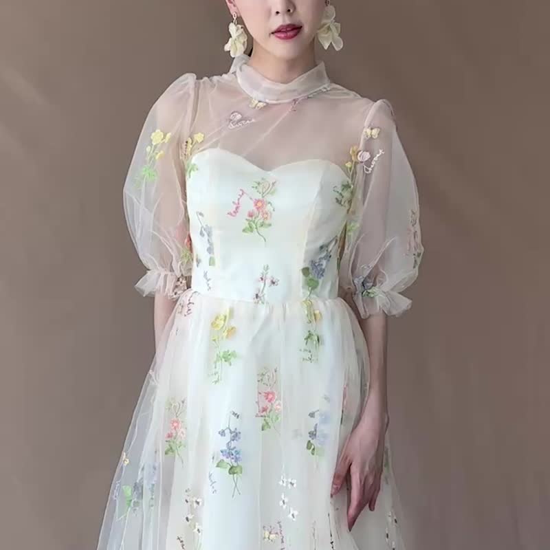 Dahlia Blanc 独家设计 花朵刺绣有袖长婚纱 - 晚装/礼服 - 聚酯纤维 多色