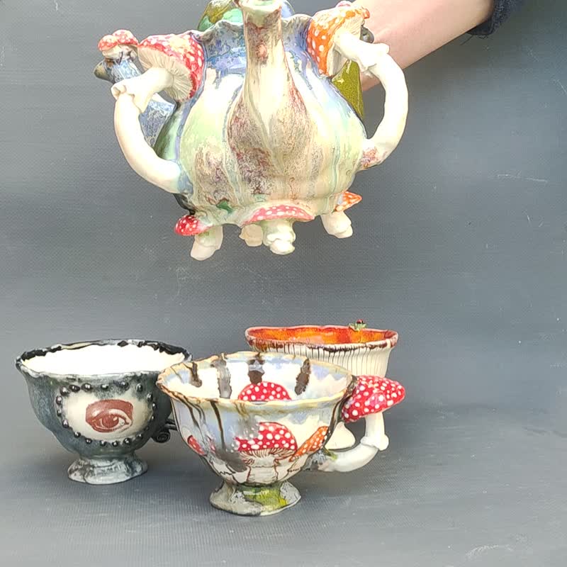 Mushrooms Three Spout Teapot Amanita Alice in Wonderland Ceramic sculpture - 茶具/茶杯 - 陶 多色