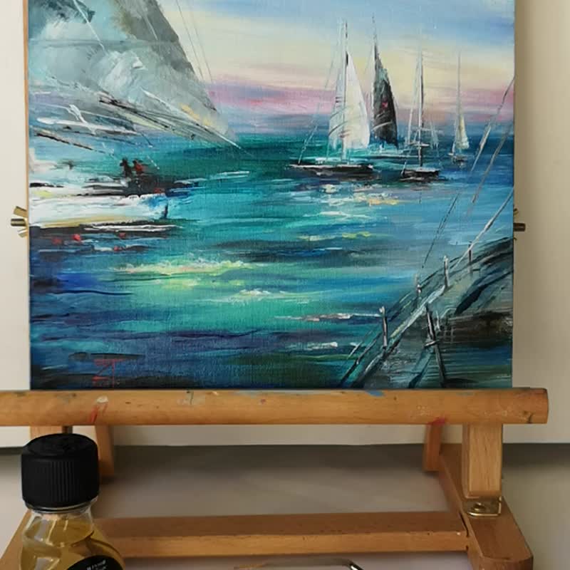 Regatta Oil Paintin Sailboat Original Art on Canvas 25x25cm. - 海报/装饰画/版画 - 其他金属 