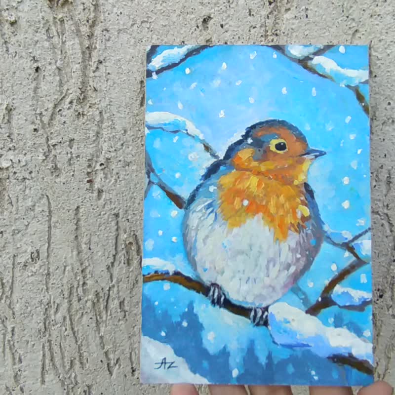 Robin Painting Bird Original Art Snowfall Oil Artwork Birds Wall Art Winter - 海报/装饰画/版画 - 其他金属 多色