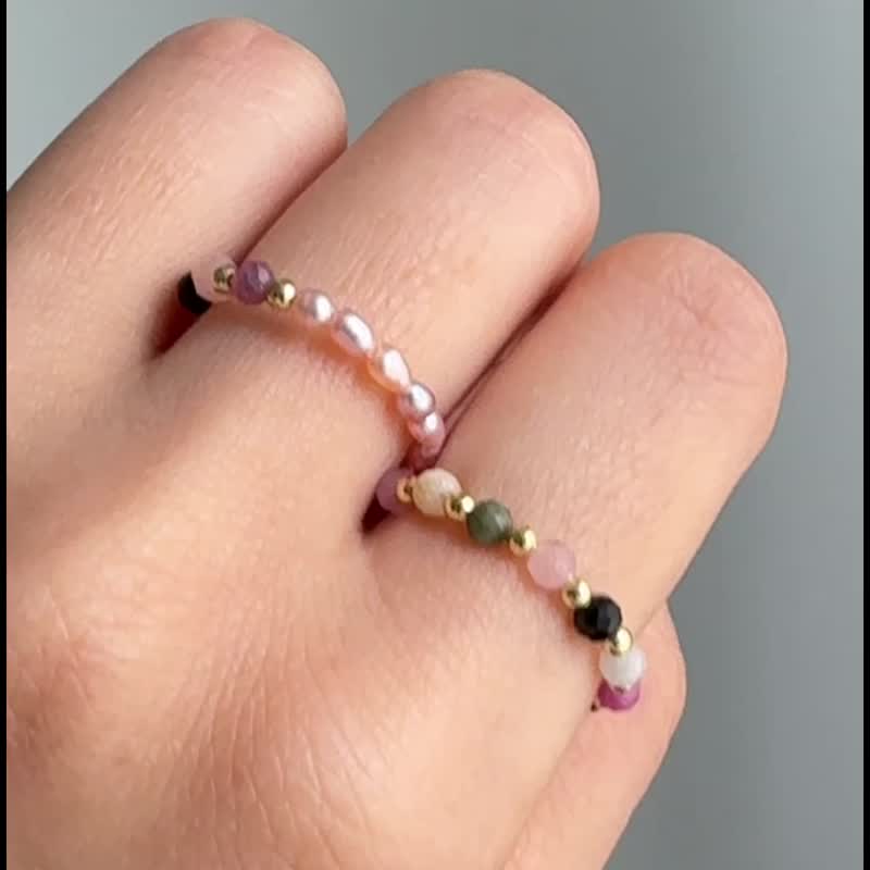 迷你碧玺 珍珠 天然石 弹性串珠戒指 闺蜜姊妹礼物 - 戒指 - 其他材质 紫色