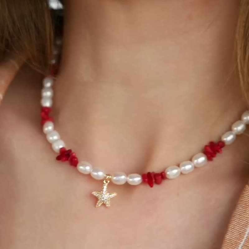 金色珍珠项链，带海星，红白珊瑚项链 - 项链 - 珍珠 红色