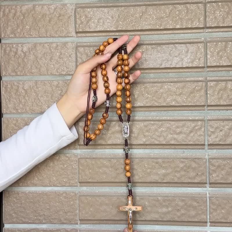 以色列进口玫瑰经念珠项链(橄榄木10mm)圣母十字架耶稣8231010 - 项链 - 木头 多色
