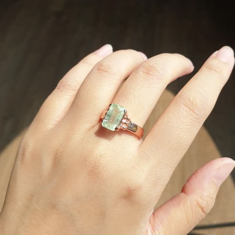 海蓝宝石戒指，祖母绿切割，925 银镀玫瑰金。 - 戒指 - 宝石 蓝色