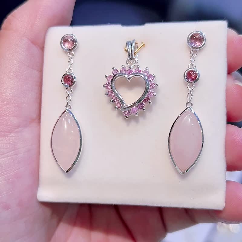 Pink topaz and Rose quartz earring and Pendent set - 耳环/耳夹 - 纯银 粉红色