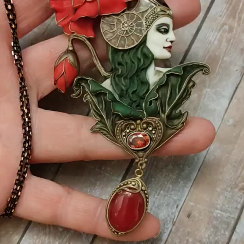 Red Poppy necklace,Art Nouveau Romantic Flower,Jewelry Nature Pendant, Poppy - 项链 - 粘土 红色