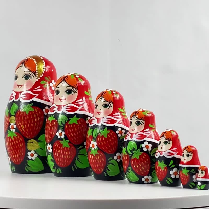 Handmade Matryoshka Dolls - Russian Doll with Red Head and Strawberry Dress - 玩具/玩偶 - 木头 多色