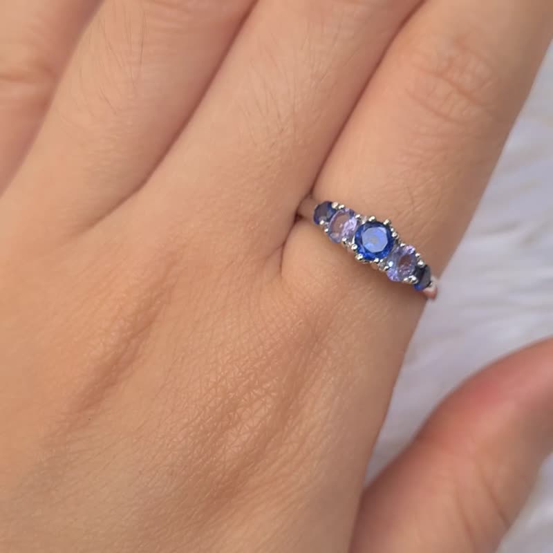 天然多宝石蓝晶石、坦桑石和蓝色蓝宝石 S925 戒指 - 戒指 - 宝石 蓝色