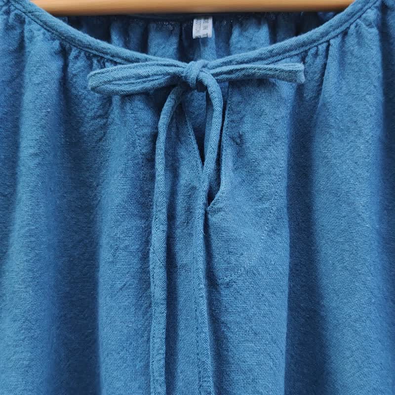 Minnie Bubble - 圆领结短袖衬衫 - 女装上衣 - 棉．麻 蓝色