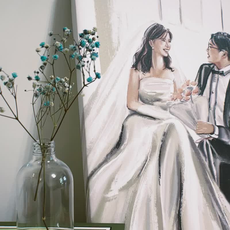 【定制】婚礼似颜绘无框画 canvas -油画布木框 - 订制画像 - 木头 咖啡色