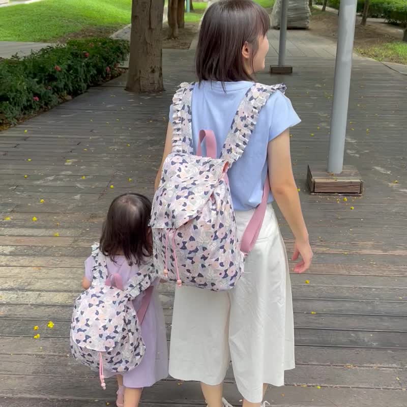 旅行手作亲子包 紫晴山茶花美型后背包 儿童背包 - 亲子装 - 棉．麻 紫色