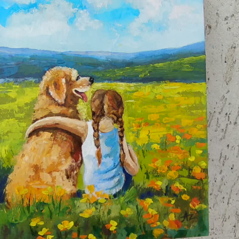 Dog Painting Girl Original Art Friends Artwork Friendship Animal Wall Art - 海报/装饰画/版画 - 其他材质 多色